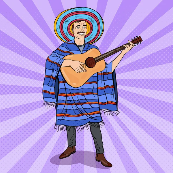 Pop Art mariachiho hrát na kytaru. Mexická muž pončo a Sombrero. Vektorové ilustrace — Stockový vektor