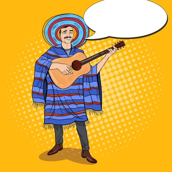 Pop Art Mariachi mexické muž v pončo a Sombrero hrál na kytaru. Vektorové ilustrace — Stockový vektor