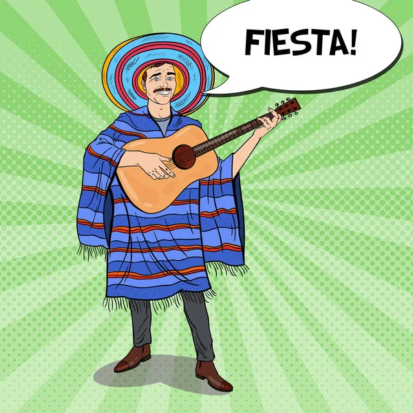 Pop Art leende Mariachi i Poncho och Sombrero med gitarr. Vektorillustration — Stock vektor