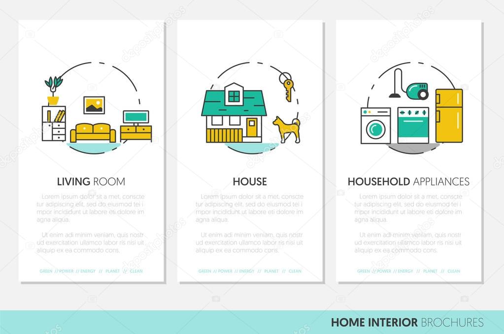 House Interior Business Brochure. Linear Thin Line Vector Icons with Furniture