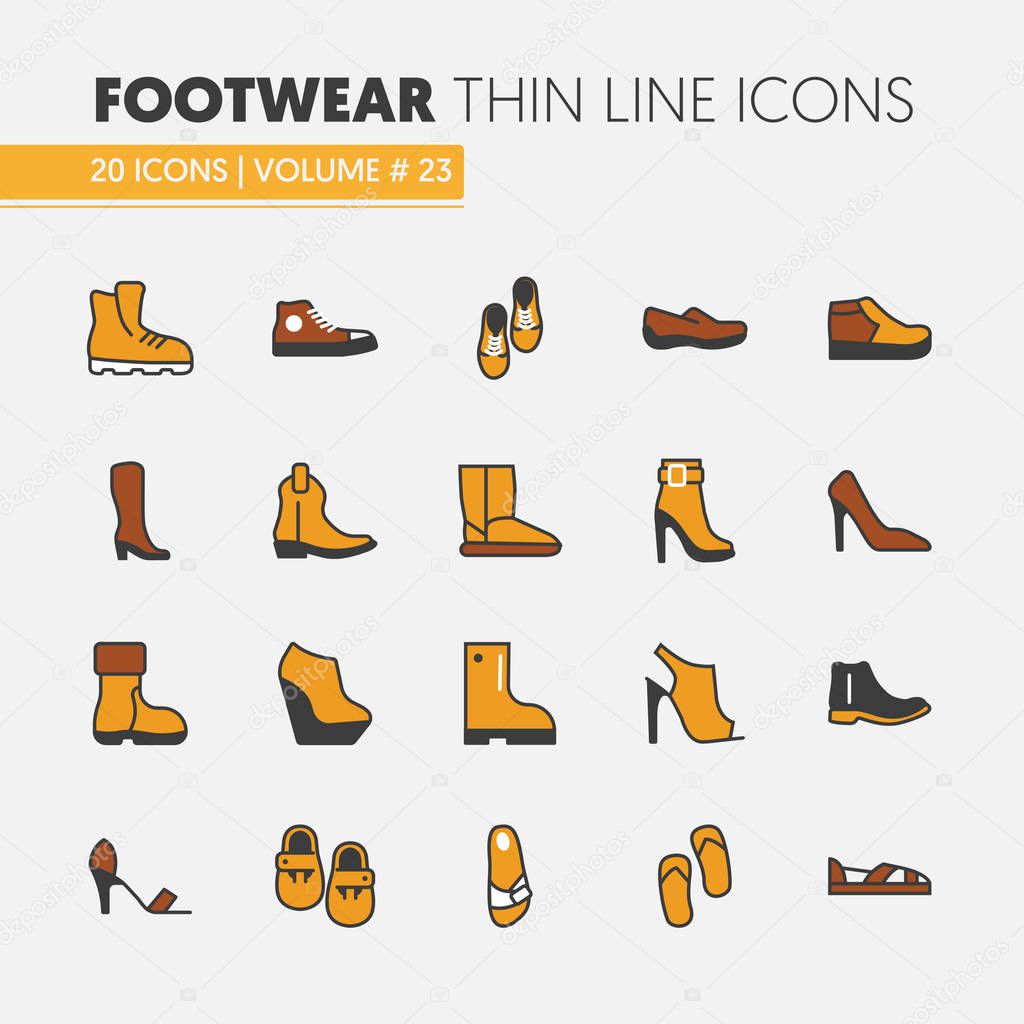 Footwear Linear Thin Line Vector Icons Set with Boots and Shoes