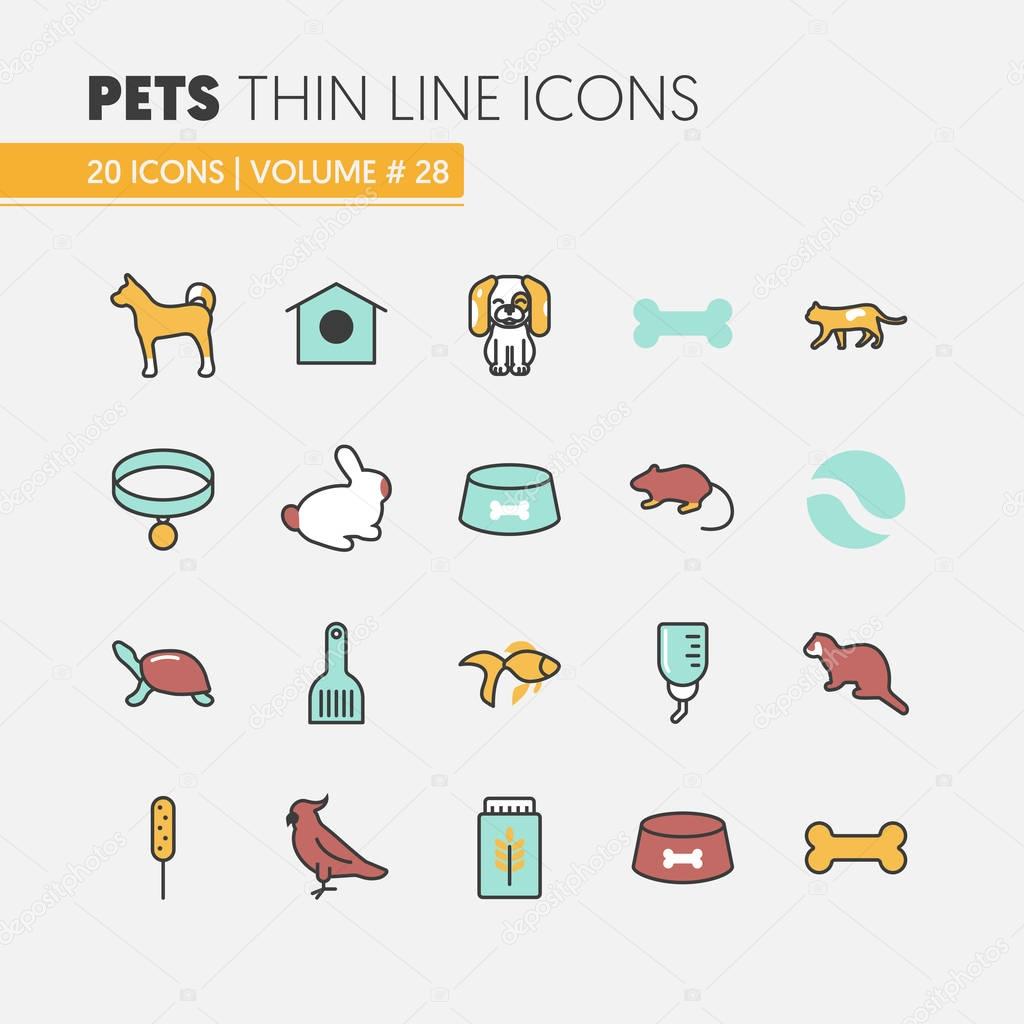 Pets Linear Thin Line Vector Icons Set with Dog Cat Bird and Fish