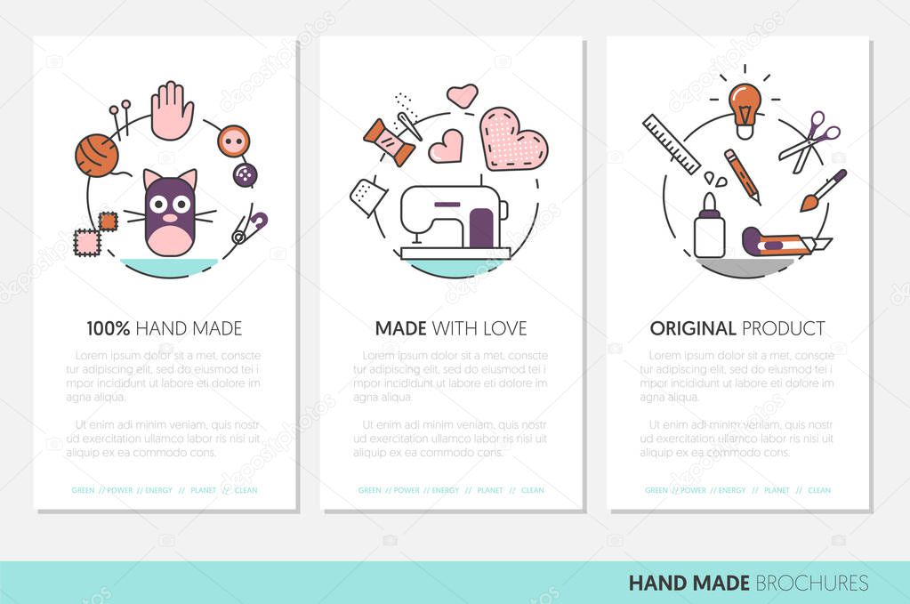 Hand Made Business Brochure. Sewing Crafting Linear Thin Line Vector Icons with Tools and Accessories