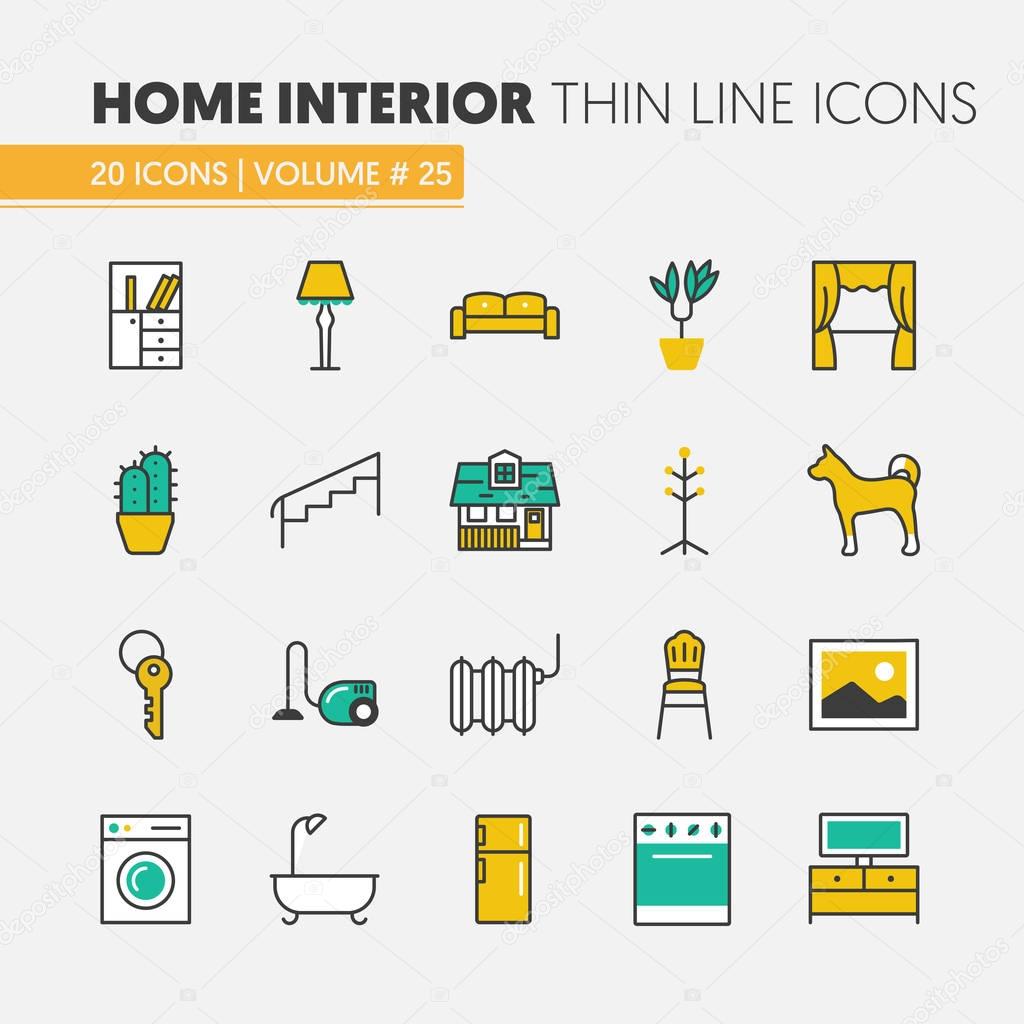 House Interior Linear Thin Line Vector Icons Set with Furniture