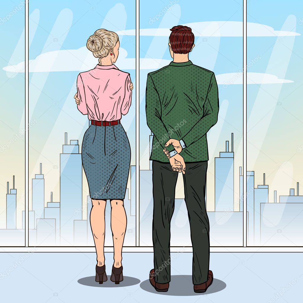 Pop Art Business People Looking at City Through the Window in Office. Vector illustration