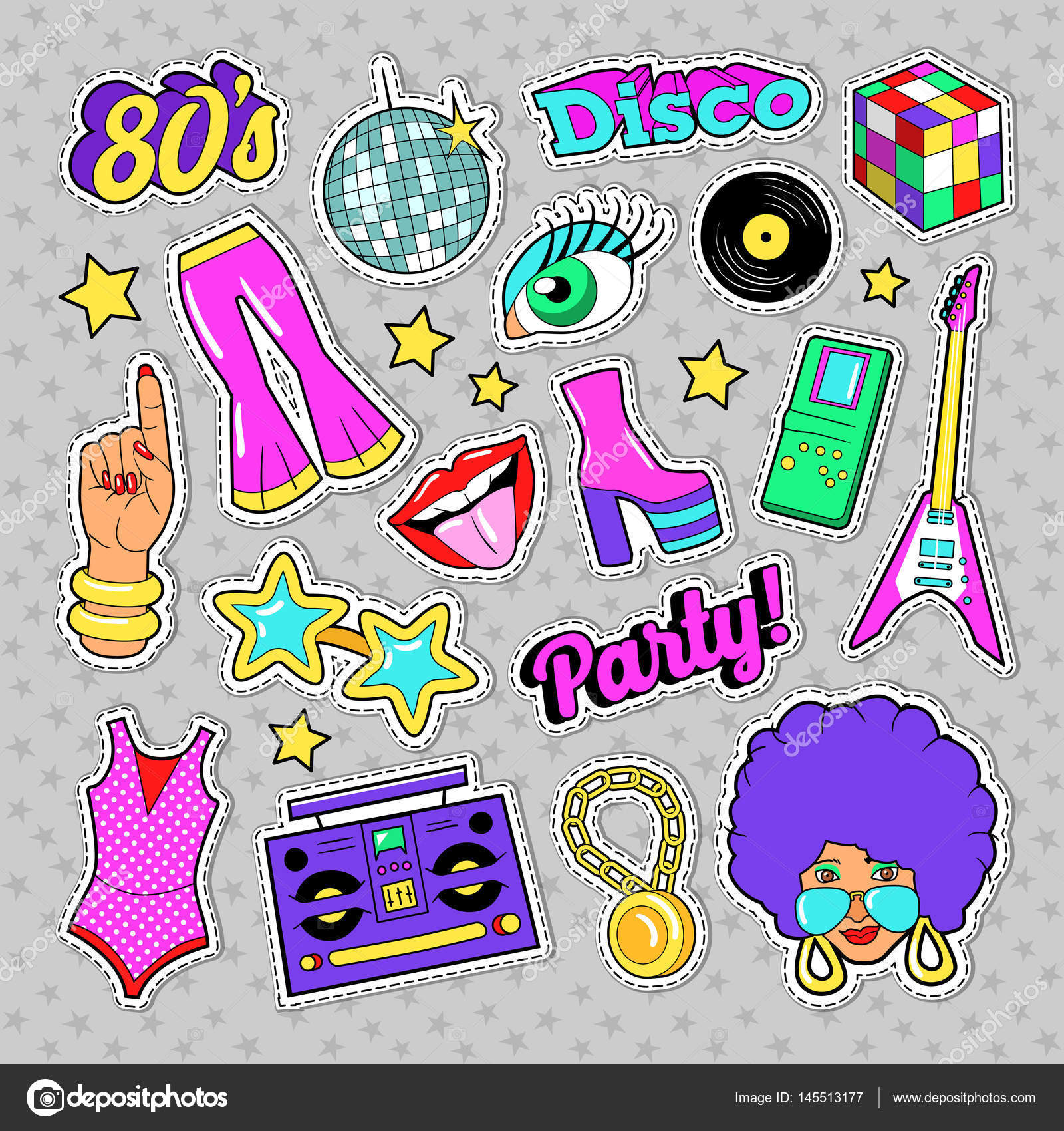 Disco Party Retro Fashion Elements with Guitar, Lips and Stars for Stickers,  Patches, Badges. Vector doodle Stock Vector by ©vectorlab 145513177