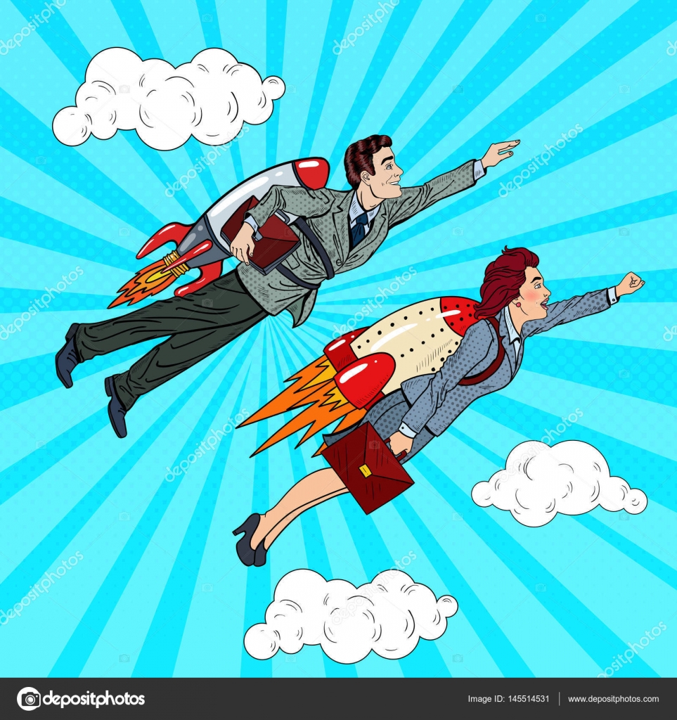 Pop Art Business People Flying On Rockets To Creative Start, 49% OFF