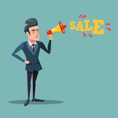 Satış teşvik megafon ile karikatür işadamı. Büyük indirim. Vektör çizim