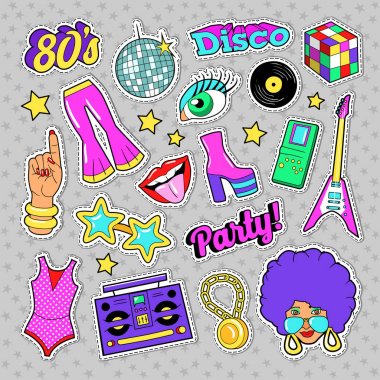Disko parti Retro moda öğelerine gitar, dudaklar ve çıkartmalar, yamalar, rozetleri için yıldız. Vektör doodle