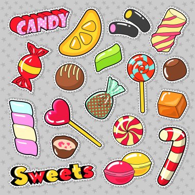 Tatlılar gıda etiketleri, yamalar, rozetleri lolipop, çikolata şeker ve jöle şekerler. Vektör Doodle