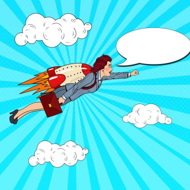 Pop Art başarılı iş kadını roket üzerinde uçan. Yaratıcı başlamak yukarıya. Vektör çizim