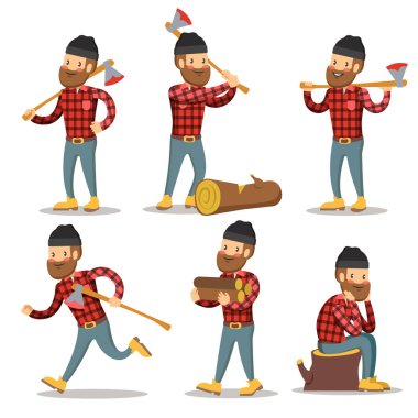Oduncu karikatür karakter kümesi. Oduncu balta ile. Vektör çizim