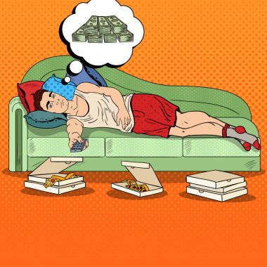 Kanepe, Tv izliyor ve büyük para hakkında rüya yatan Pop Art tembel adam. Vektör çizim