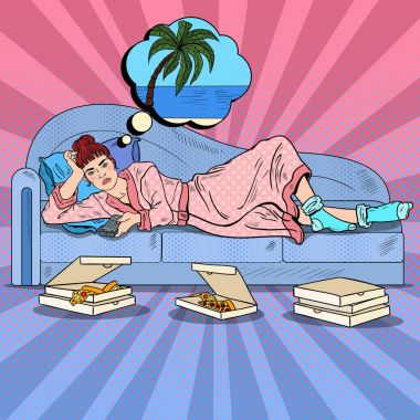 Pop Art kadın Tv izliyor ve tatil hakkında rüya. Vektör çizim
