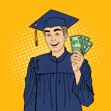Pop Art Happy Graduated Student with Money. Vector illustration clipart