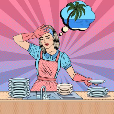 Pop Art kadın bulaşık ve tropikal tatil hakkında rüya sıkılmış. Vektör çizim