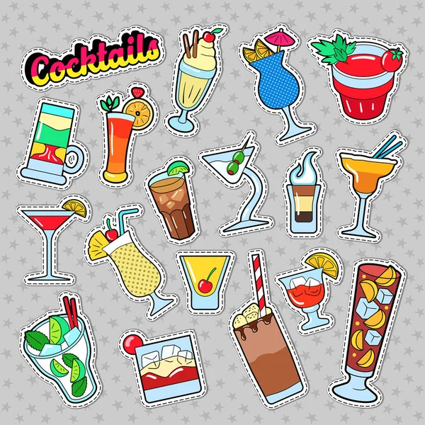 Set de cócteles y bebidas para pegatinas, insignias y parches. Ilustración vectorial — Vector de stock