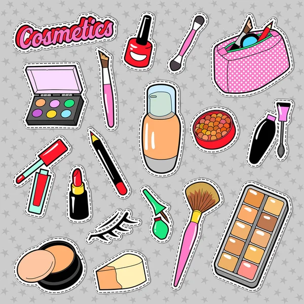 Cosmetics Beauty Fashion Makeup Elements with Lipstick and Mascara for Stickers, Badges, Patches. Vector doodle — Stock Vector