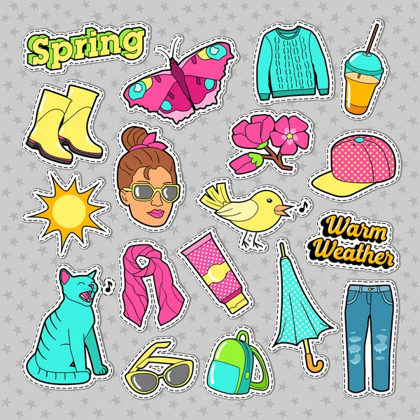 Moda Mulher Primavera com Roupas e Acessórios para Emblemas, Adesivos, Patches. Vector Doodle — Vetor de Stock