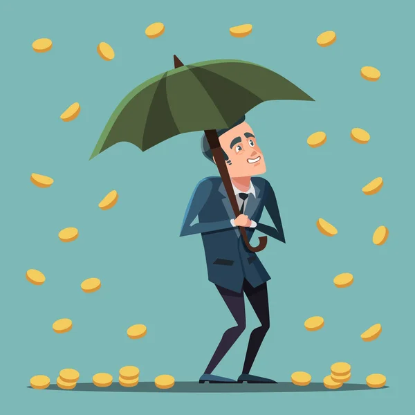 Kreslený podnikatel s deštníkem za deště peněz. Úspěch v podnikání. Vektorové ilustrace — Stockový vektor