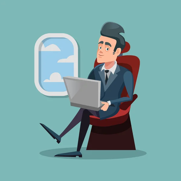 Κινούμενα σχέδια φέρουν επιτυχημένος επιχειρηματίας σε αεροπλάνο και σε συνεργασία με το Laptop. Εικονογράφηση διάνυσμα — Διανυσματικό Αρχείο