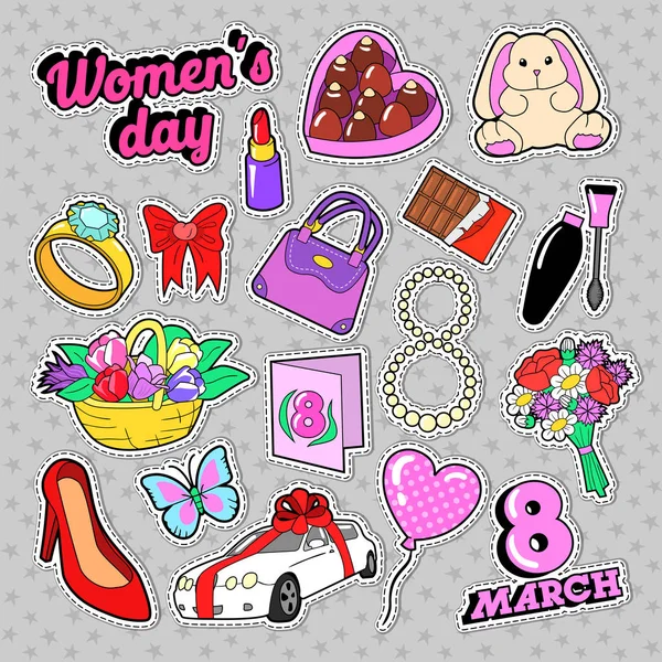 Día de la Mujer 8 de marzo Set de elementos con flores y cosméticos para pegatinas, insignias, parches. Garabato vectorial — Archivo Imágenes Vectoriales