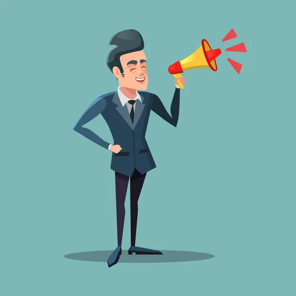 Cartoon Businessman with Megaphone. Announcement. Vector illustration — Stock Vector