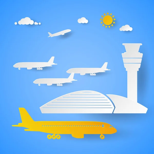 Terminal dell'aeroporto con aerei. Illustrazione vettoriale carta tagliata — Vettoriale Stock