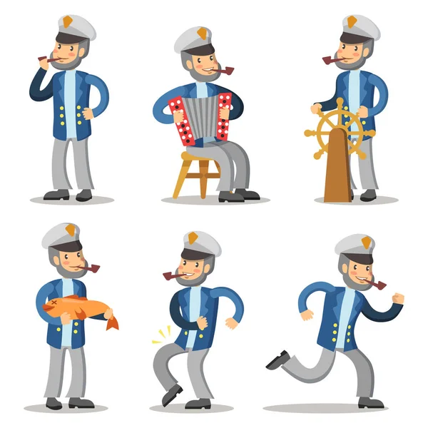 Sailor Cartoon Character Set. El viejo capitán de uniforme. Ilustración vectorial — Archivo Imágenes Vectoriales