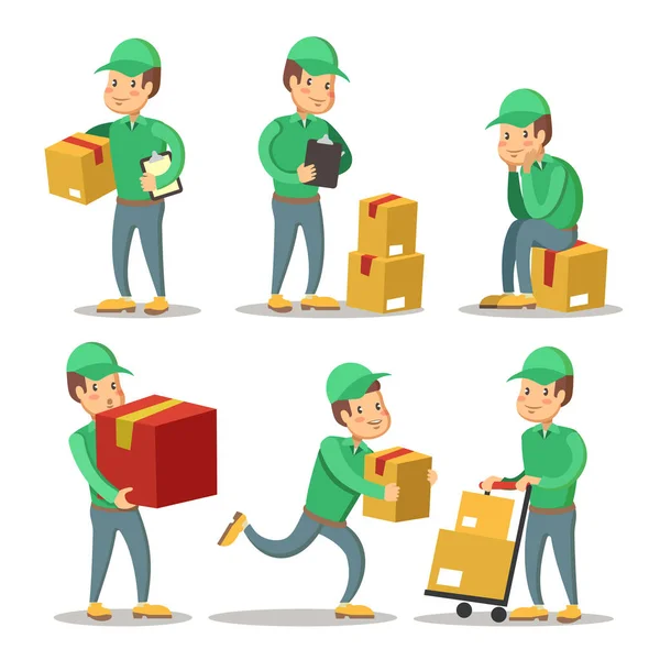 Delivery Service Man Cartoon Character Set. Courier with the Box. Vector illustration — Stock Vector