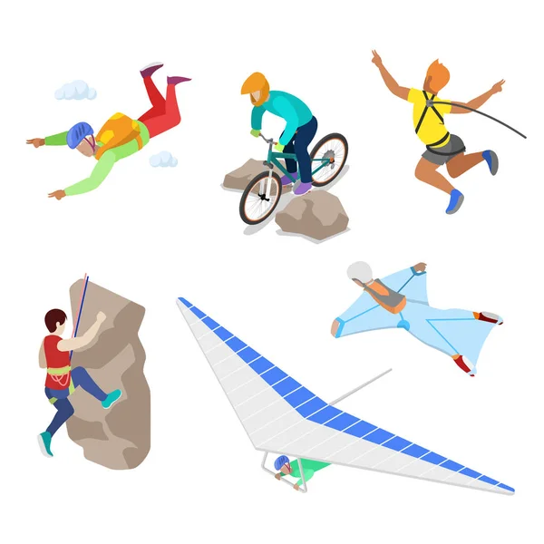 Isometrische Extremsportler mit Bungee, Fallschirmspringen und Fallschirmspringen. Vektor 3D flache Illustration — Stockvektor