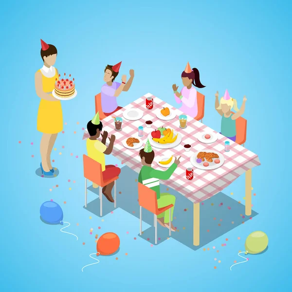 Изометрическое празднование дня рождения с детьми и тортом. Векторная плоская иллюстрация — стоковый вектор