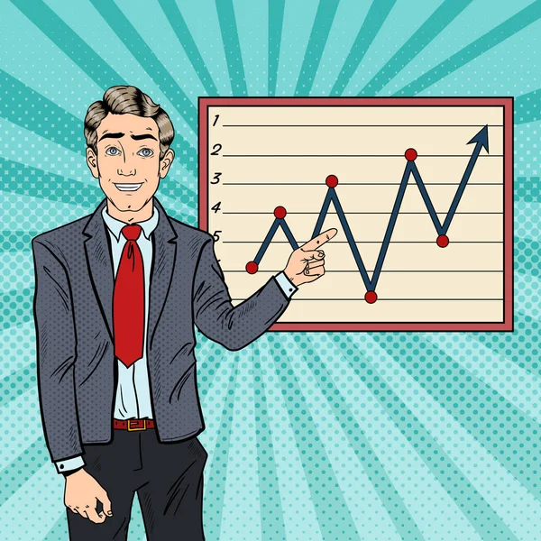 Pop Art Businessman Pointing Growth Graph. Business Planning. Vector illustration — Stock Vector