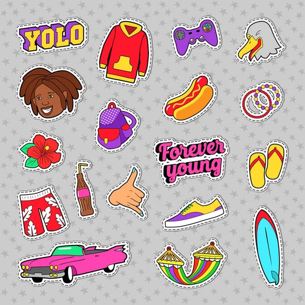 Set de moda para adolescentes con coche rosa, comida rápida y ropa colorida para pegatinas, insignias. Garabato vectorial — Vector de stock