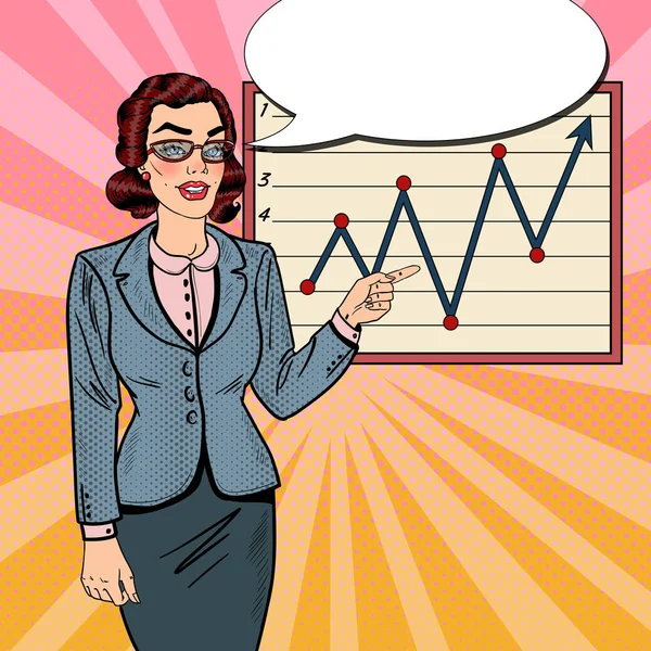 Popart erfolgreiche Geschäftsfrau zeigt auf Wachstumsdiagramm. Unternehmenspräsentation. Vektorillustration — Stockvektor