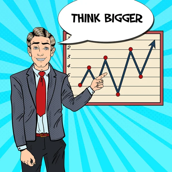 Pop-Art-Geschäftsmann zeigt Wachstumsdiagramm. Unternehmenspräsentation. Vektorillustration — Stockvektor