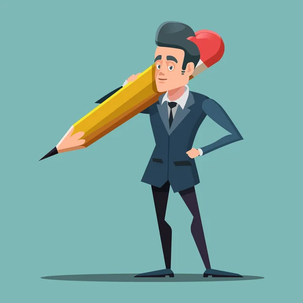 Cartoon Businessman Holding Big Pencil. Vector illustration — Stock Vector