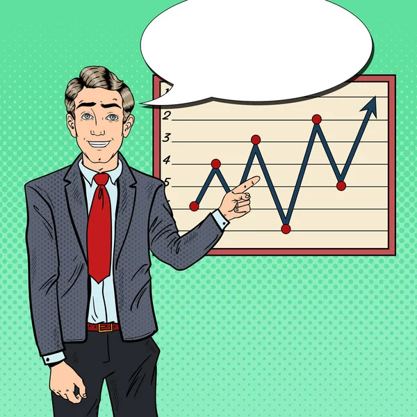 Pop Art Forretningsmand peger Vækst Graph. Virksomhedspræsentation. Vektorillustration – Stock-vektor