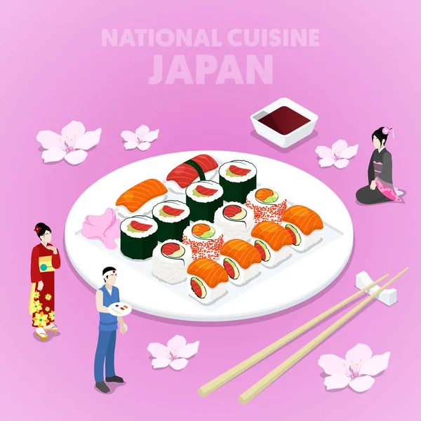 Izometrické národní kuchyni Japonsko s Sushi a Japonci v tradičním oblečení. Vektorové ilustrace 3d plochý — Stockový vektor