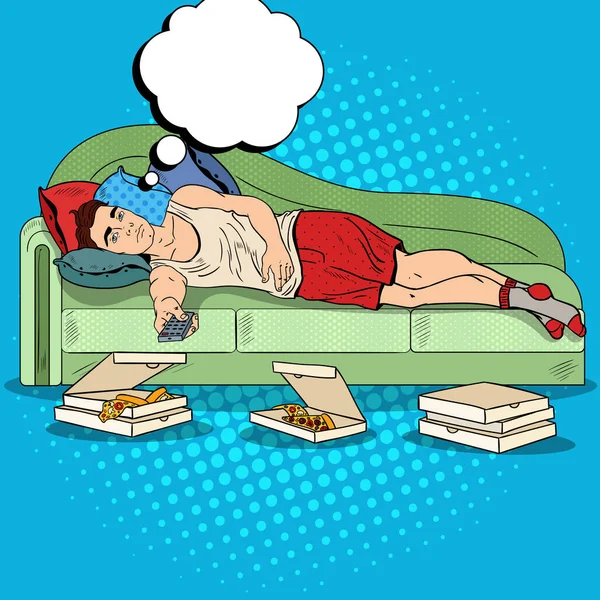 Pop Art Lazy Man allongé sur le canapé et regarder la télévision avec Pizza. Illustration vectorielle — Image vectorielle