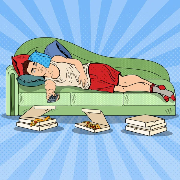 Pop Art Homem Preguiçoso Assistir TV e Comer Pizza. Ilustração vetorial — Vetor de Stock