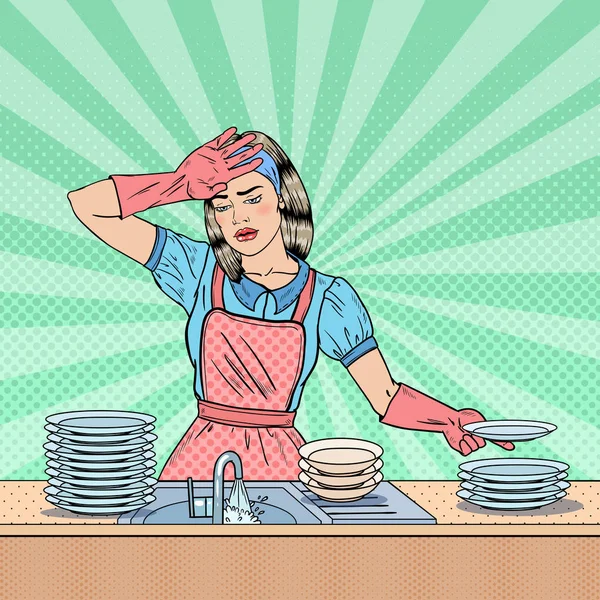 Pop Art Cansado Ama de casa Lavado de platos en la cocina. Ilustración vectorial — Vector de stock