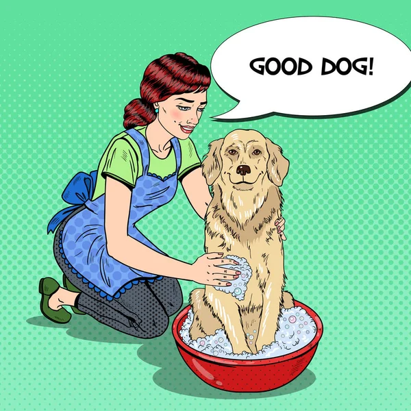 Pop kobieta szczęśliwy sztuka mycia psa. Ilustracja wektorowa — Wektor stockowy