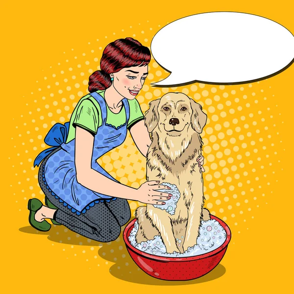 Pop kobieta szczęśliwy sztuka mycia Labrador. Ilustracja wektorowa — Wektor stockowy