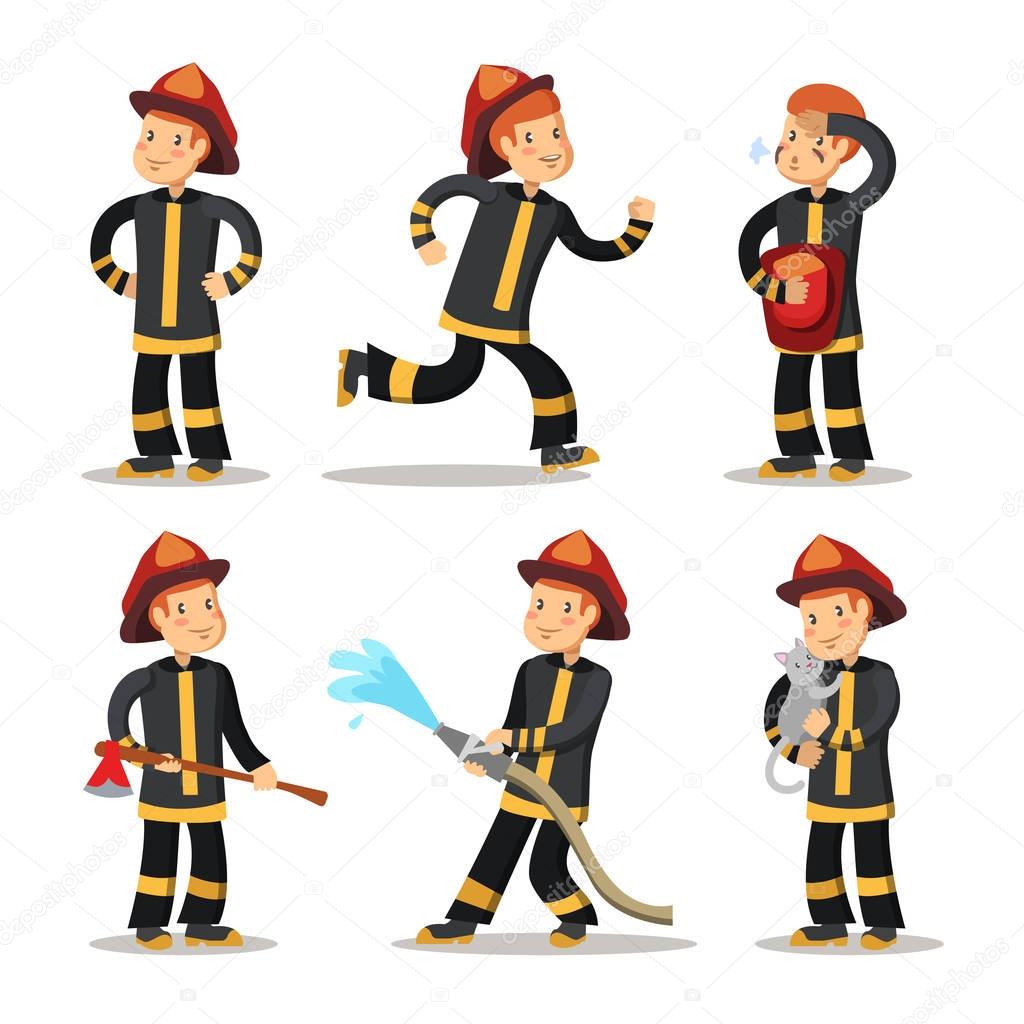 Fireman Cartoon Character Set. Firefighter with Hose. Vector illustration