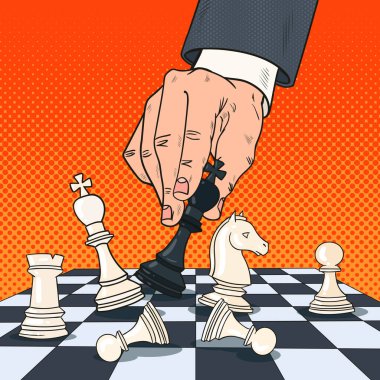 İş Adamı Satranç Figürü 'nün Pop Art Hand' i. İş Stratejisi Konsepti. Vektör illüstrasyonu