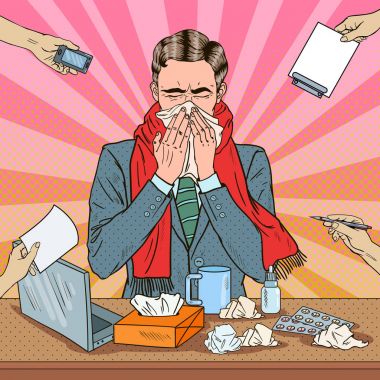 Sanat ofis işleri görev çok hapşırma işadamı pop. Grip olan adam. Vektör çizim