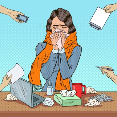 Pop sanat iş kadını ofis işleri görev çok hapşırma. Vektör çizim