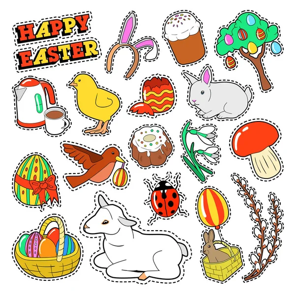 Joyeux éléments décoratifs de Pâques avec lapin, oeufs traditionnels et nourriture pour autocollants, insignes, patchs. Illustration vectorielle — Image vectorielle
