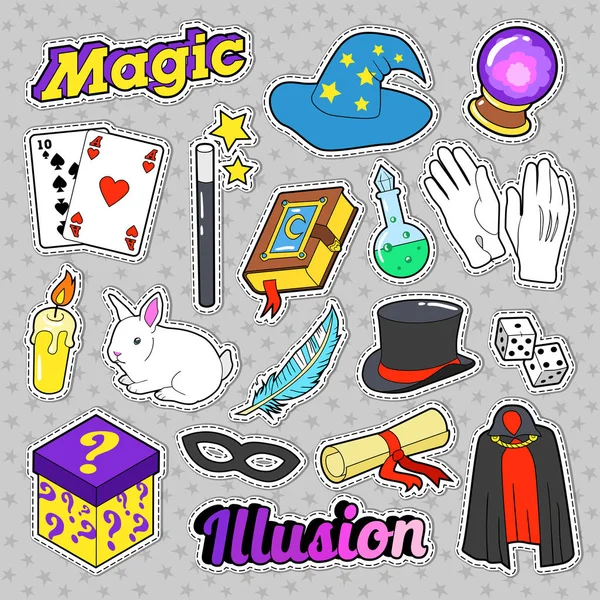 Set de elementos mago con varita mágica, máscara y cilindro para pegatinas, insignias. Garabato vectorial — Archivo Imágenes Vectoriales